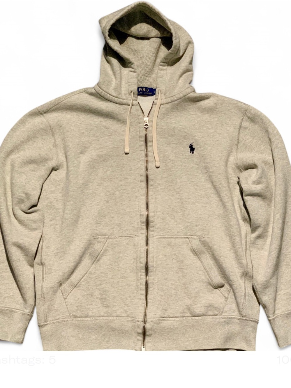 Ralph Lauren Men's Light Cream Zip-Up Hoodie with Navy Pony